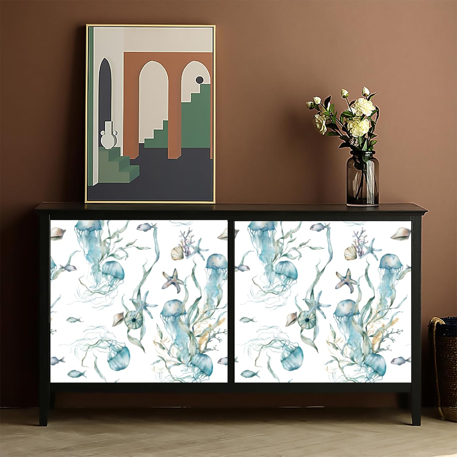 Ocean Peel and Stick Wallpaper,Jellyfish and Starfish Self Adhesive Wallpaper for Home Decoration 17.3 "x 118"