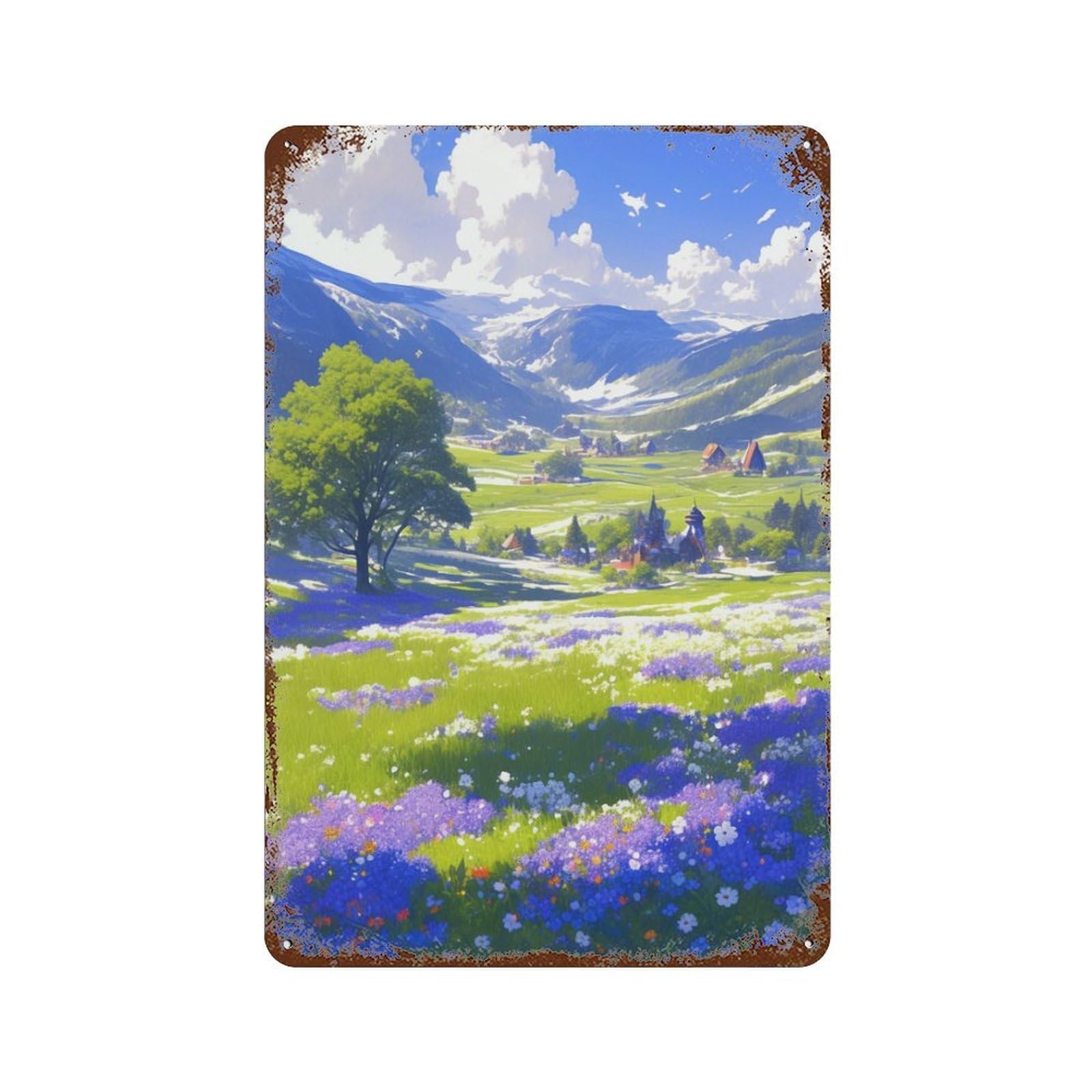 Garage Style Floral Valley with Mountains Weathered Tin Sign 11.8"x7.9", Farmhouse Wall Decor for Bar And Workshop