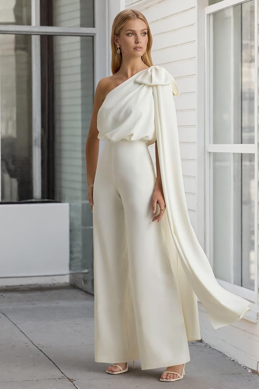 One Shoulder Pleated Jumpsuits for Women Bow One Piece Formal Pantsuit 2026