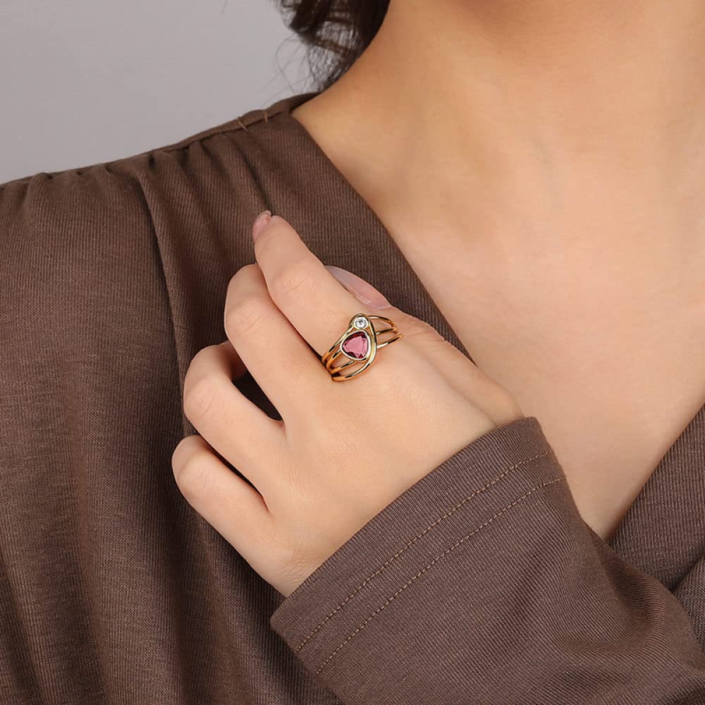 Anello In Argento Sterling 925,Anello Regolabile Per Donna Triangolo Rosso Cristallo Argento Sterling 925 Micro Pavé Zircone Placcato Oro Tre Strati Linee Matrimonio Gioielli Eterni Regali Per Raga