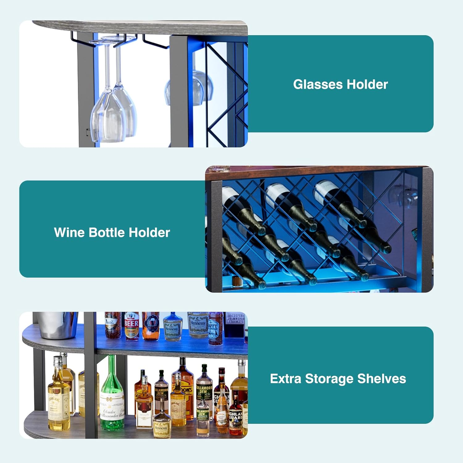 DUMOS Bar Cart with Power Outlet, LED Home Bar Cabinet with Storage, Metal Small Bar Cabinet, Liquor Cabinet with Glasses & Wine Bottle Holder, 47.24" L x 15.74" D x 35.43" H, Grey