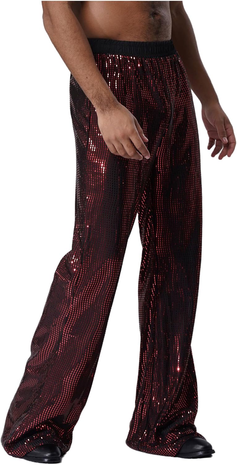 Sywiyi Vintage Pants for Adult Men Halloween Party Dance Outfits Shiny Sequins Bell Bottoms Trousers