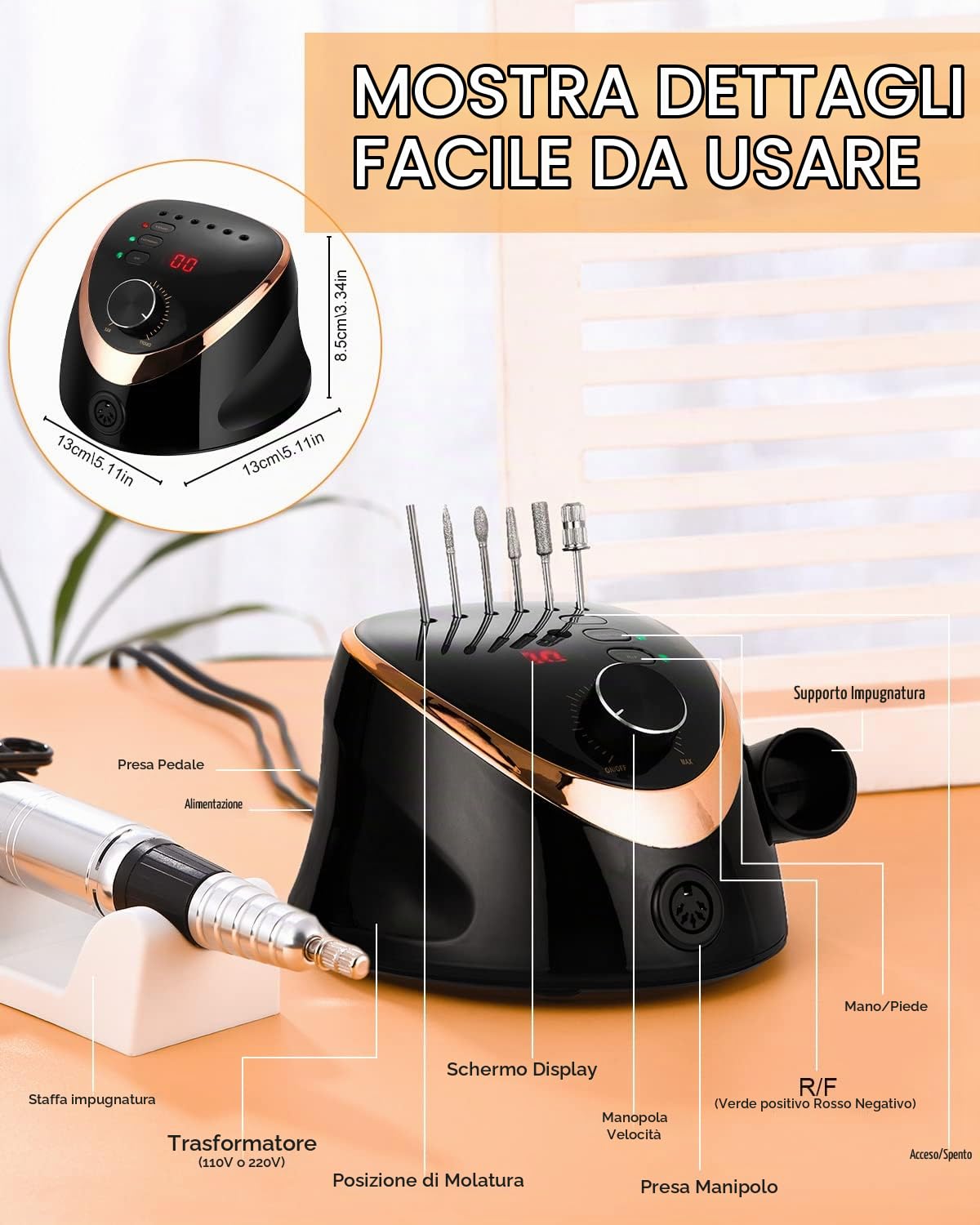 Fresa per Unghie Professionale 35000 Giri Trapano per Unghie Regolabile La Rettificatrice con Modalità Pedale,Display LED Elettrico di Chiodo Strumenti Fresa per unghie acriliche gel Pedicure Nero | Fresa per unghie con indicatore LED, pedale, velocità re