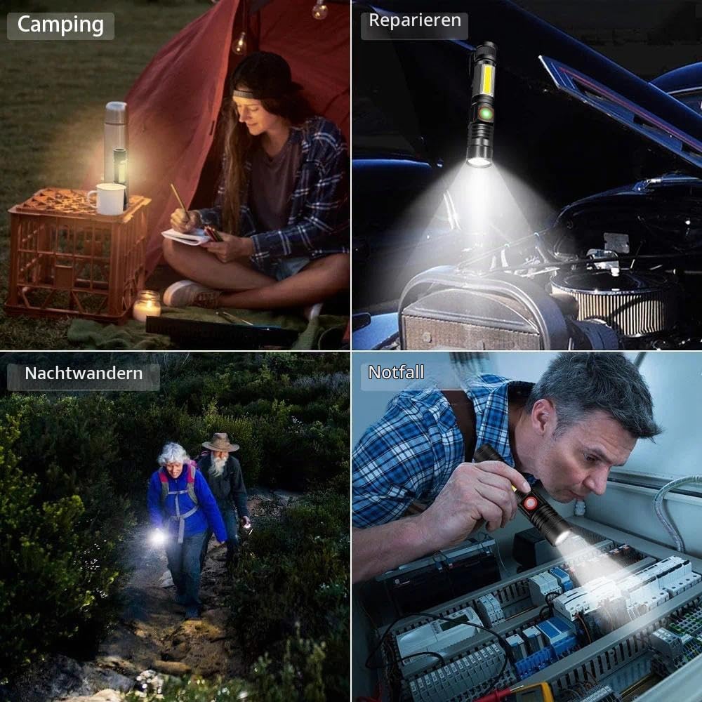 Karrong Taschenlampe LED Aufladbar mit Magnet COB Seitenlicht Zoombar, Extrem Hell 3000 Lumen USB Taschenlampen Batteriebetrieben Wasserdicht, 4 Modi für Outdoor Wandern Camping Notfall, braun