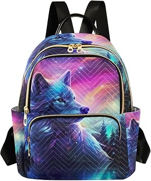 Aurora Borealis Wolf Mini Backpack for Women Quilted Small Backpack Purse Causal Daypack for Travel, S