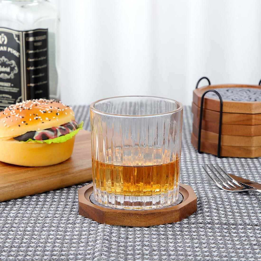 Wood Coasters for Drinks Absorbent with Lip, 4.3 Inch Acacia Wood Grey Felt Coaster with Holder for Wooden Coffee Table for Cups, Mugs, and Glasses - Set of 6 - Image 5