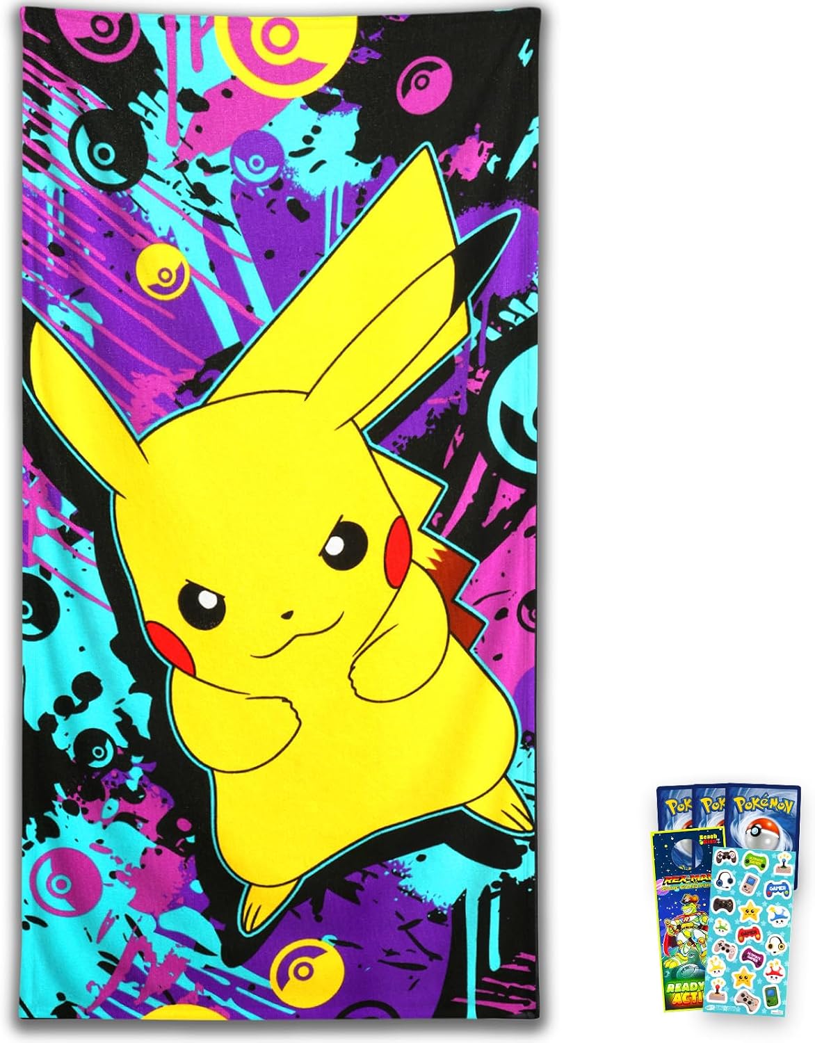 Pokemon Beach Towel Set - Bundle with 27x54 Pikachu Pool Towel Plus Pokemon Cards, Stickers, and More | Pikachu Beach Set for Kids and Adults