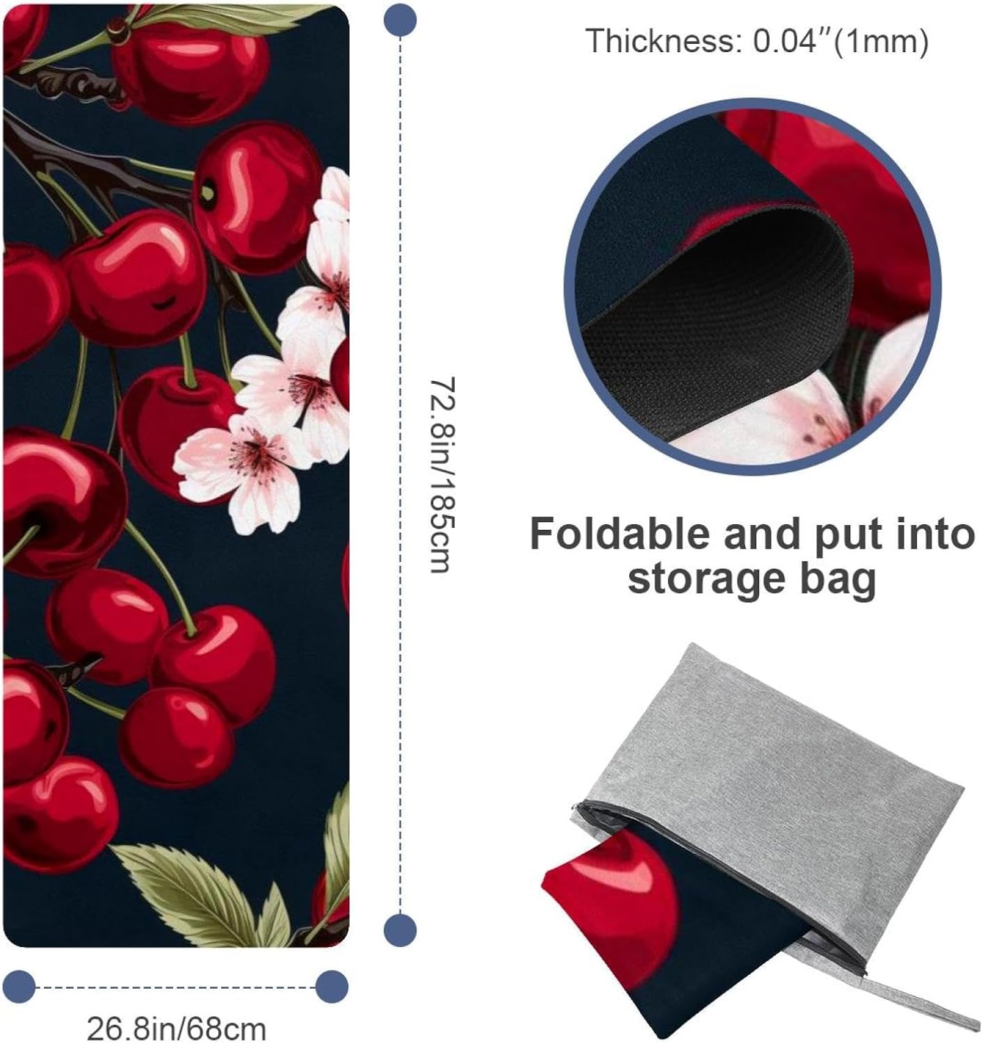 Yoga Towel, Cherry Pattern Non Slip Sweat Absorbent Hot Yoga Mat Towel for Hot Yoga, Pilates and Fitness - 72.8" x 26.8"