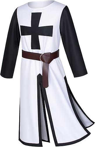 Miniatura 4 de Conjunto de túnica medieval renacentista de caballero de caballero templario, disfraz de guerrero, disfraz de guerrero, máscara y cinturón