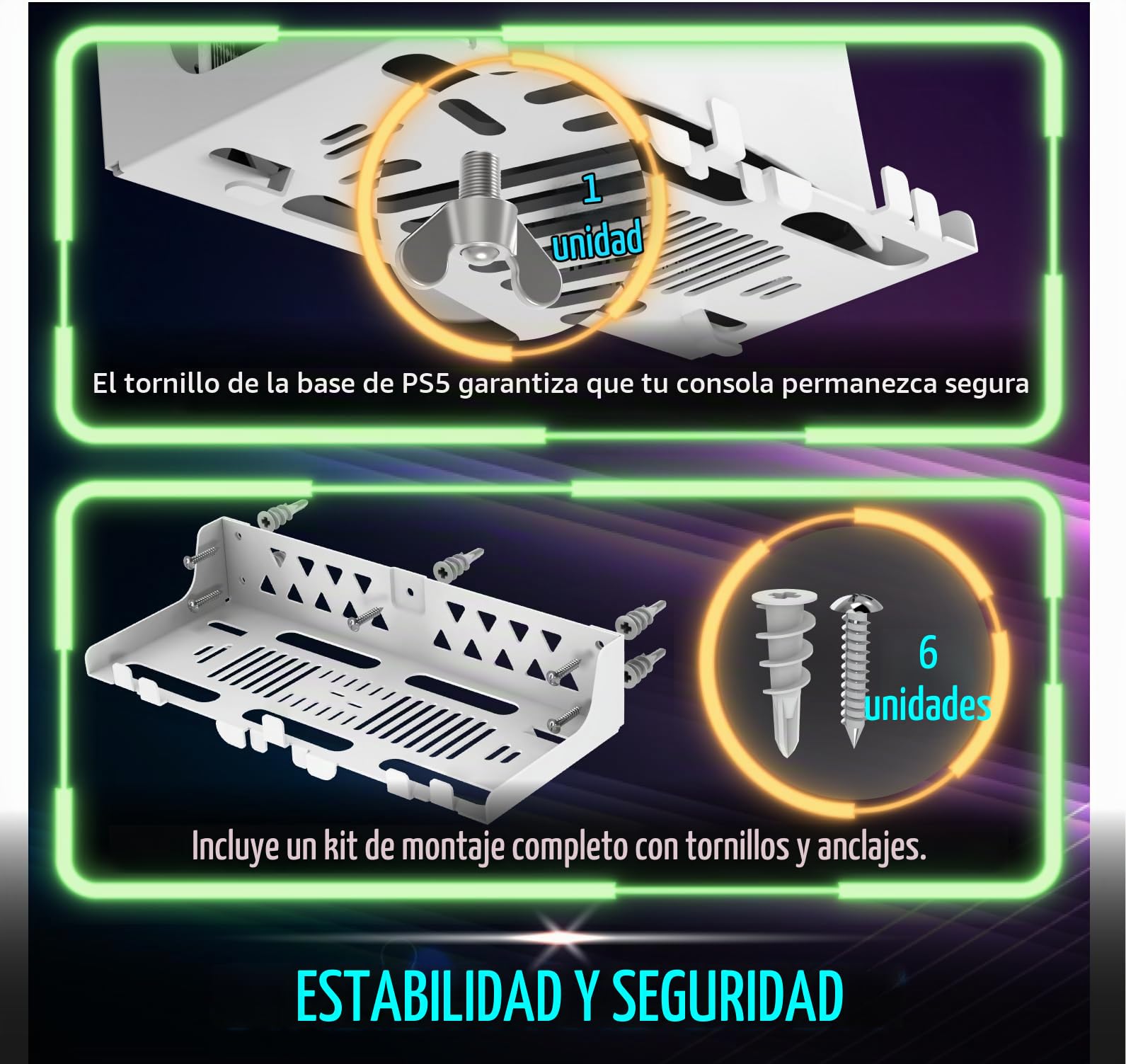 Fosmon Kit de Montaje en Pared con Estación de Carga para PS5 | Compatible con PlayStation 5 y Slim Disco y Edición Digital. Soporte de Metal Sólido con Cargador Dual y Luz RGB