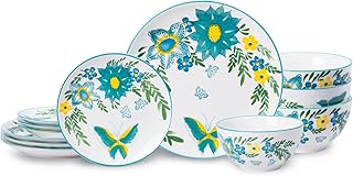 HomePop Ceramic 12-Pieces Dinnerware Sets,Dish Plates and Bowls Sets - Blue Turquoise