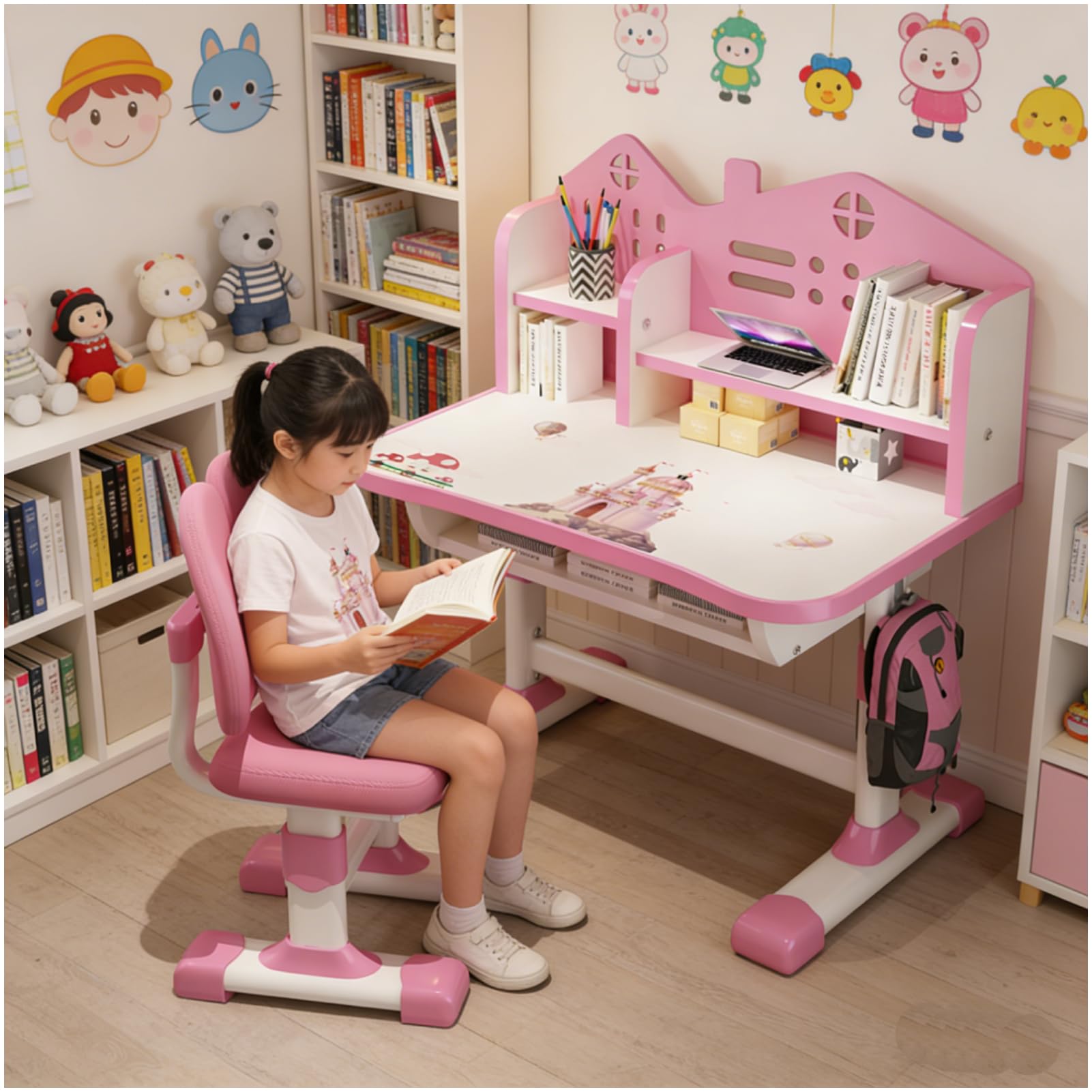 Escritorio de estudio con silla para niños de 3 a 12 años, altura ajustable, juego funcional de escritorio y silla, tablero de densidad, distancia dorada, separación científica, mesas de