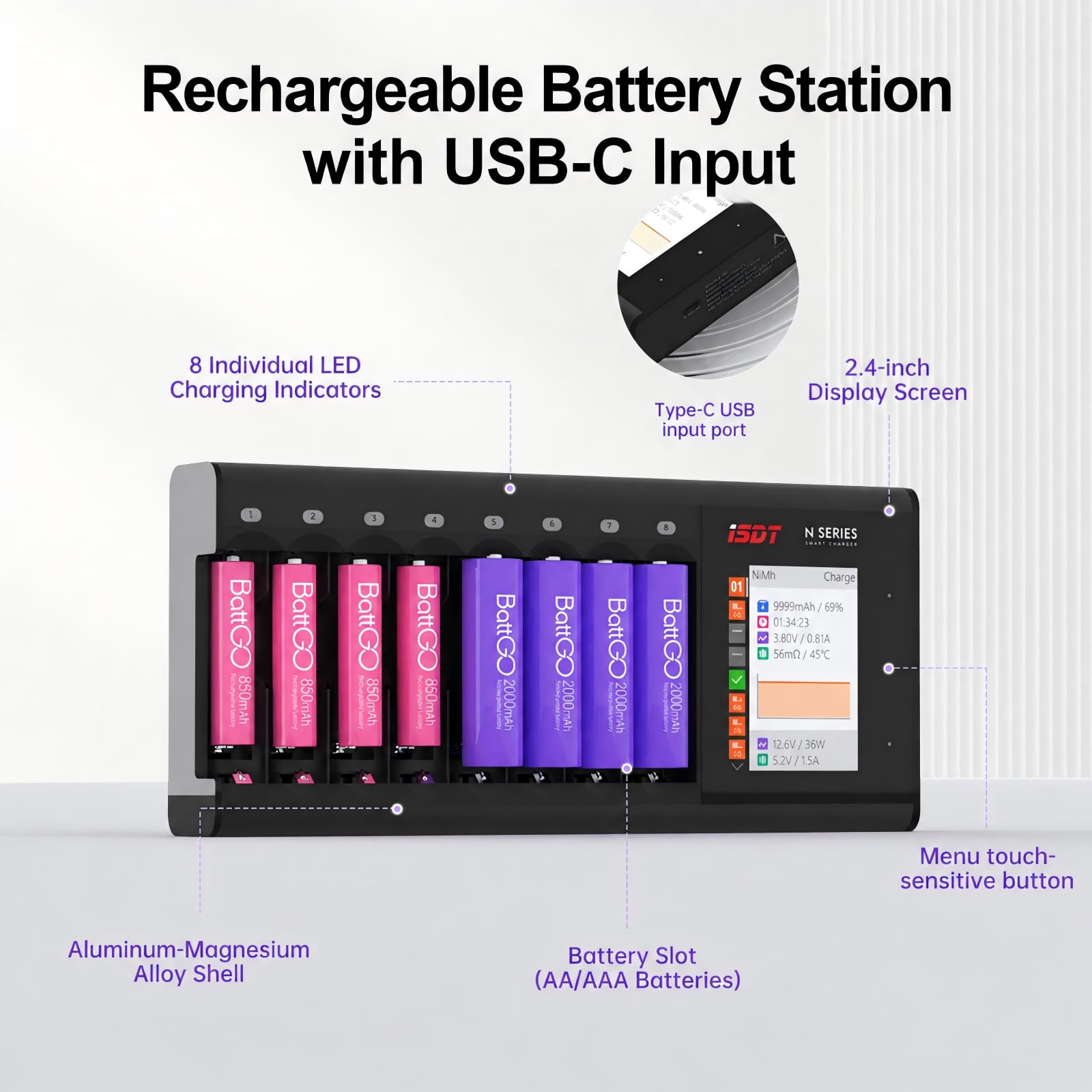 ISDT Cargador de batería inteligente N8, identificación automática del tipo de batería, compatible con baterías cilíndricas AA/AAA Li-Ion/LiHv/LiFe/NiMH/NiCd/NiZn, interfaz de operación multifunción
