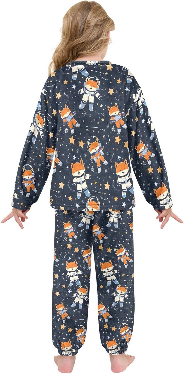 Kids Flannel Sets Astronaut Fox Stars in Space Warm Plush Relaxed Clothing for Boys and Girls