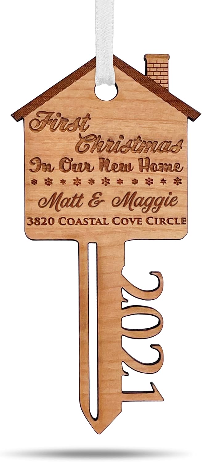 2021 First Christmas in Our New Home Personalized Wooden Key Shape Ornament with Gift Box