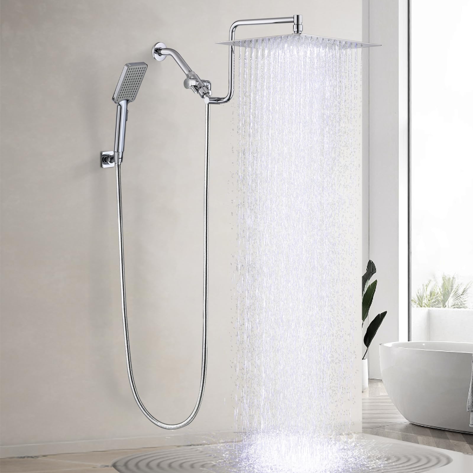 YDmeet Soffione doccia da 30,5 cm con doccetta combinata, soffione doccia a pioggia con palmare, in acciaio inox, regolabile in altezza, braccio di estensione da 30,5 cm con deviatore a 3