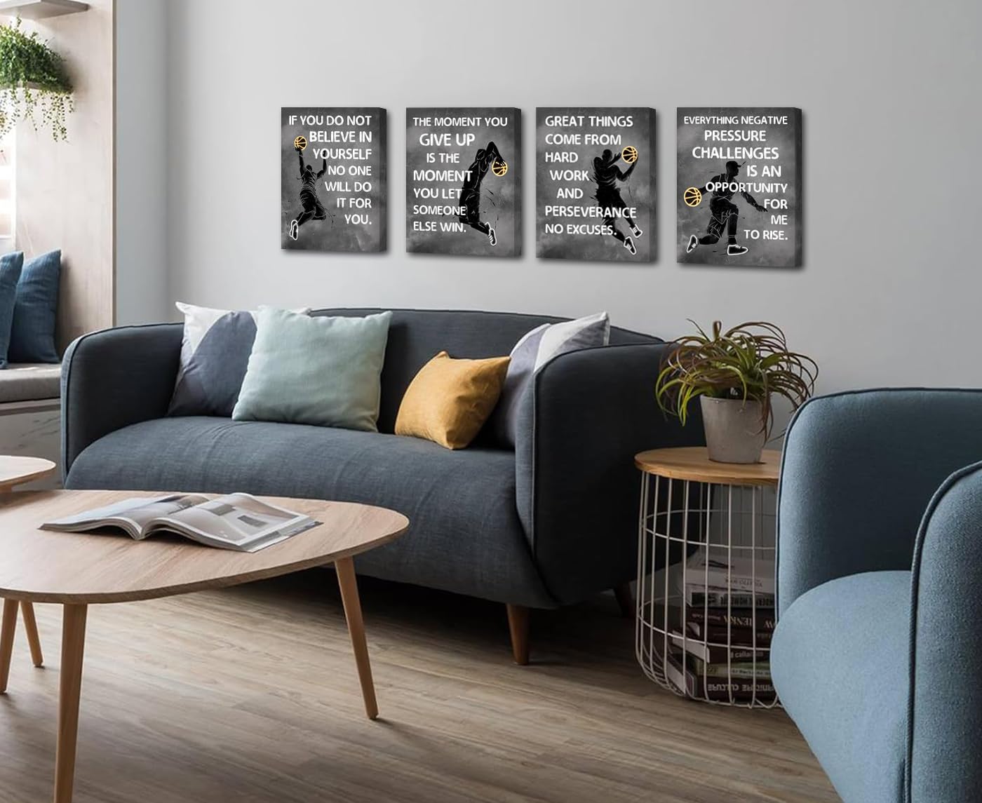 Stampe artistiche da parete motivazionali con frasi motivazionali e motivazionali sul basket, decorazione da parete astratta da parete, su tela, per camera da letto, palestra, uomini, set regalo da 4