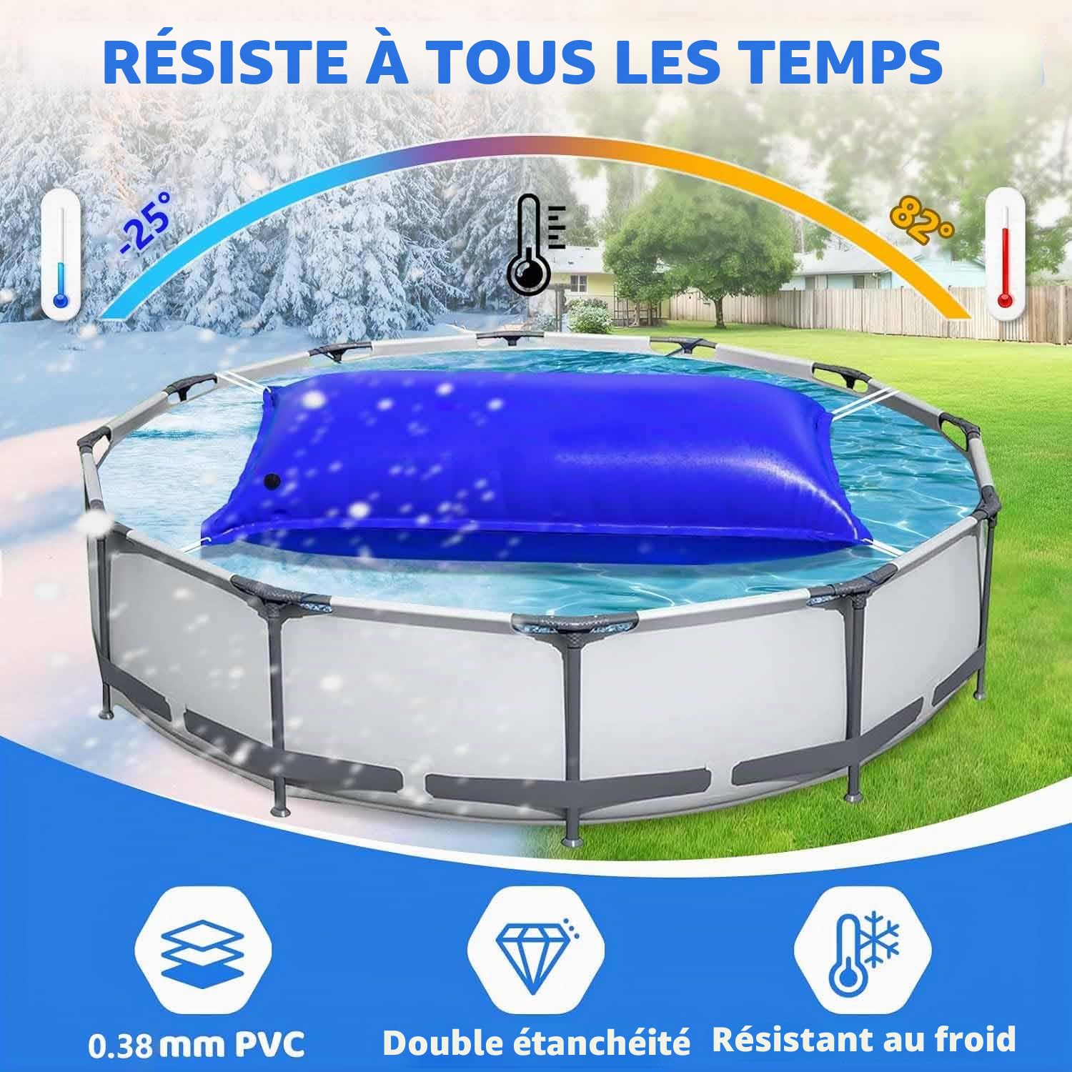 Panngu Coussin de piscine 200 x 400 cm, coussin d'air pour piscine d'hiver, taille XXL, avec pompe, kit de réparation pour couverture de piscine résistante à l'hiver, 2 m x 4 m, bleu
