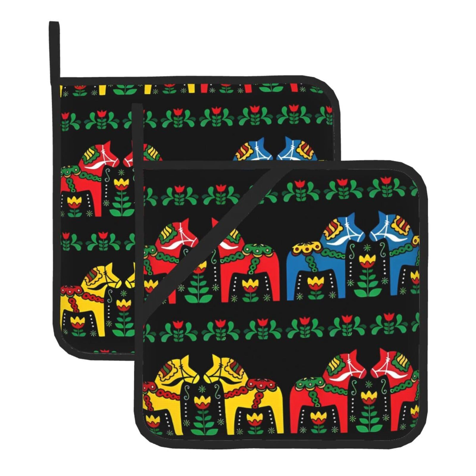 WHJSHOP Runner Swedish Dala Horse Folk Prints Square Hot Pads for Kitchen Counter - Thick Heat Resistant Trivets for Microwave & Oven, BBQ Grilling Cover (2 Pack)