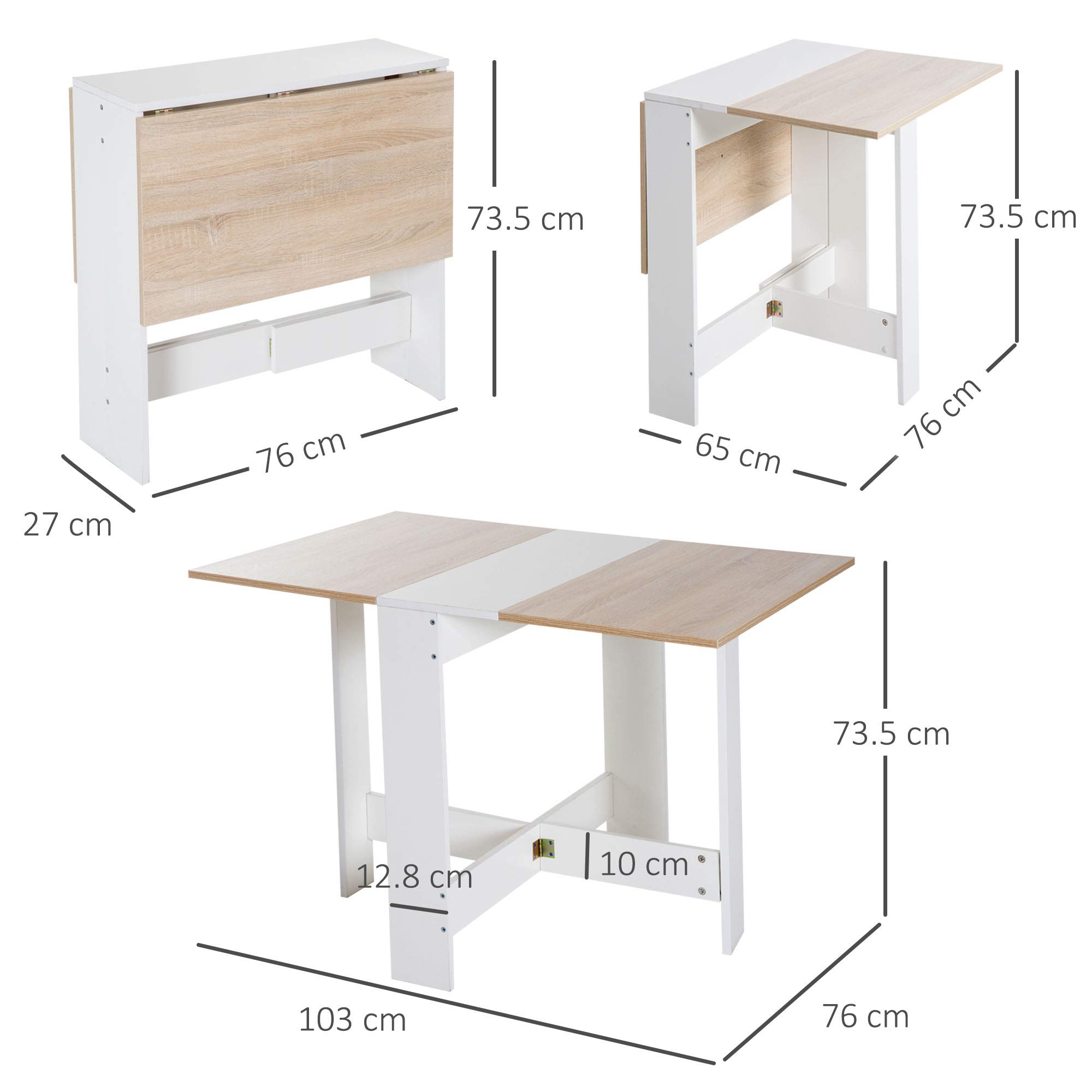 HOMCOM Tavolo da Pranzo Design Moderno Pieghevole Legno 103×76×73.5cm Rovere Bianco