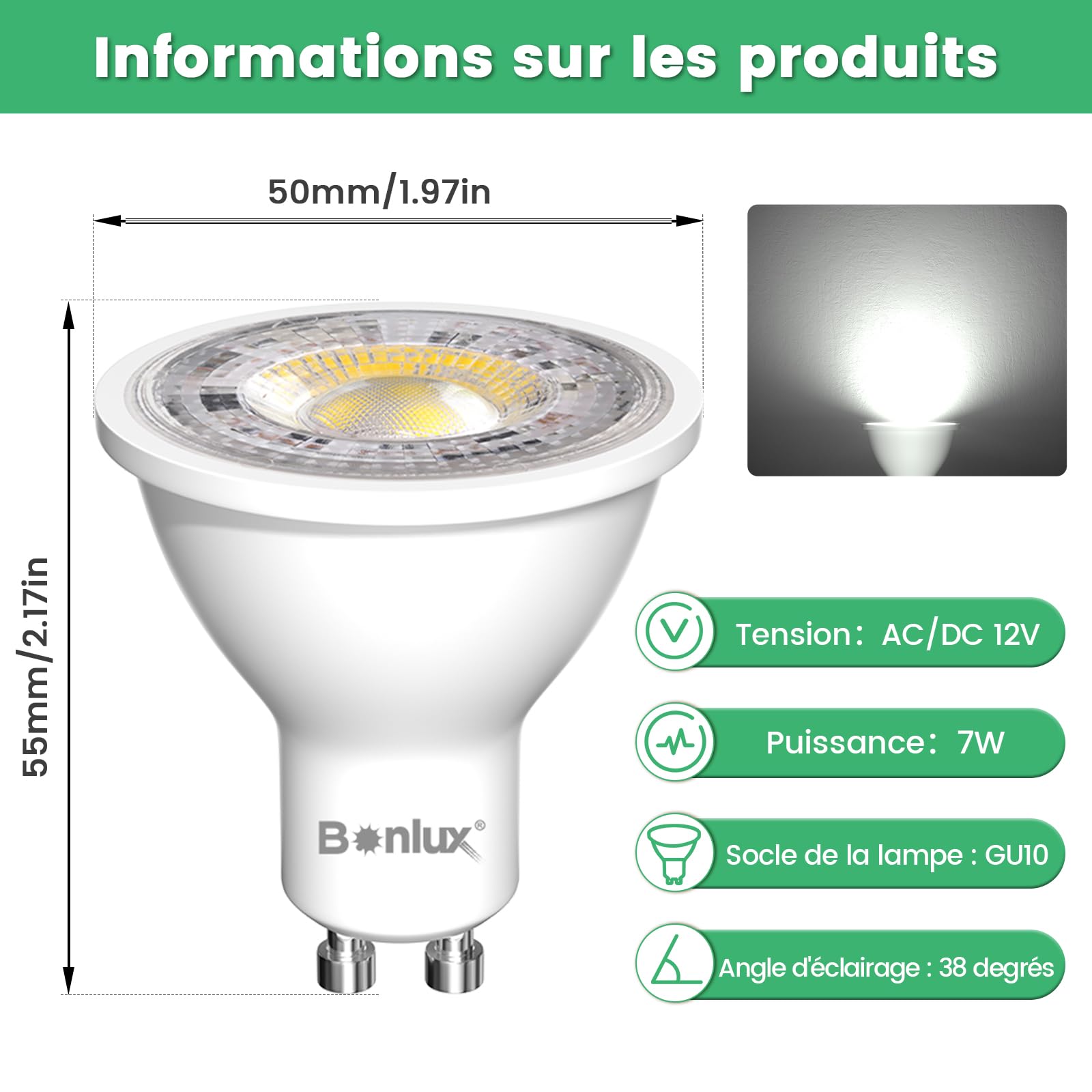 Luopan Lot De 10 Ampoules LED AC/DC12-24 V MR16 4 W/6 W/8 W 36/54/72