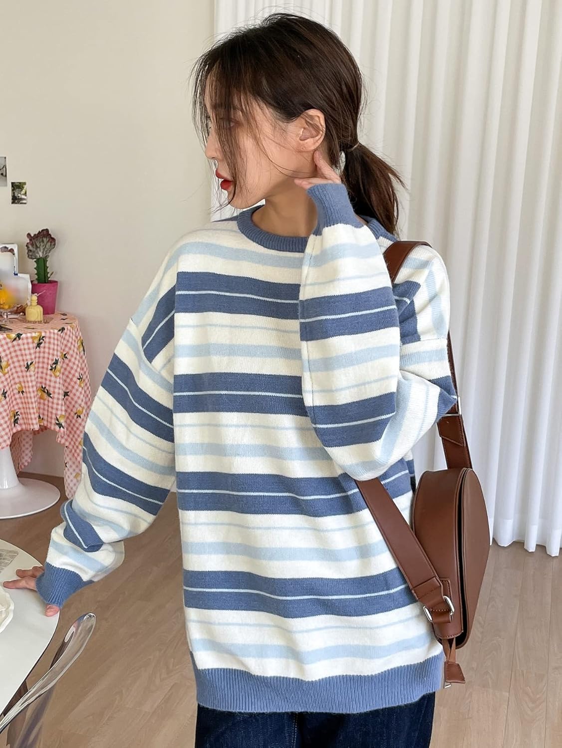 Women's Sweater Block Striped Pattern Drop Shoulder Sweater Sweater for Women (Size : Medium)