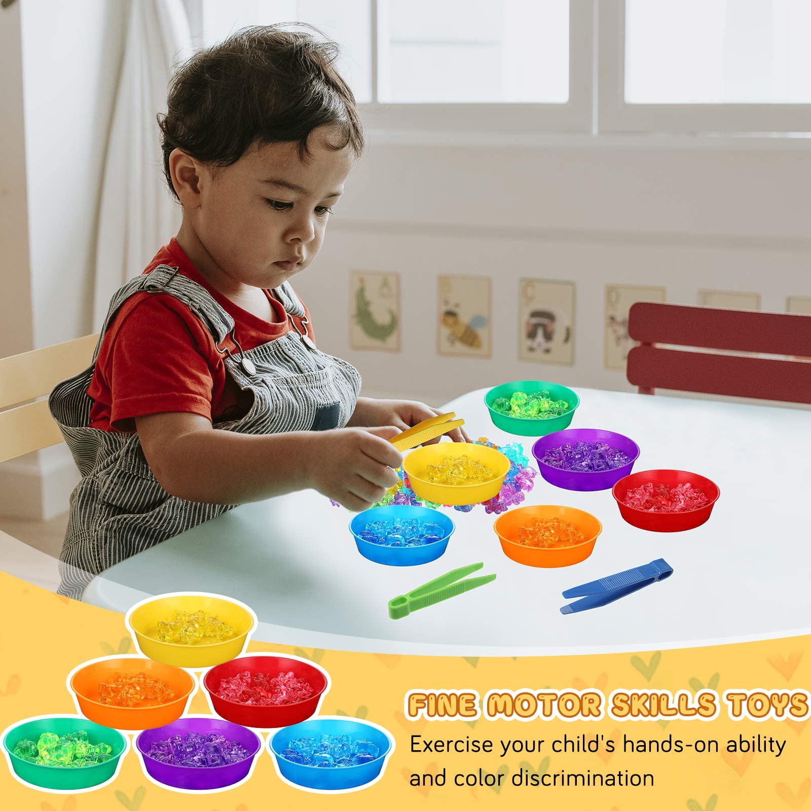 62 piezas de relleno sensorial de contenedor, incluye 50 cuentas acrílicas de unicornio, 4 pinzas, 2 pinzas para tijeras, 6 tazas, juego de juguetes de motor fino para niños y niñas, educación 7