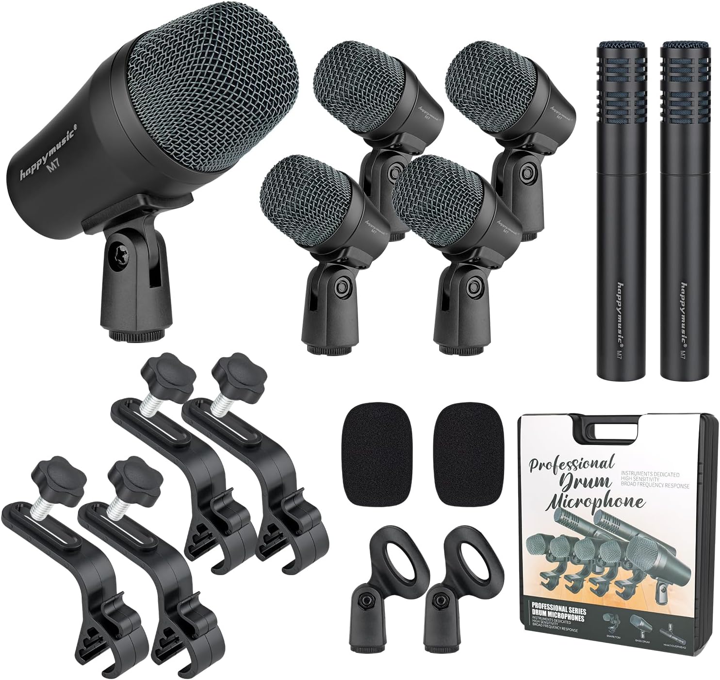 happymusic M7 Wired Drum Microphone Kit,7-Piece Full Metal Dynamic Mic-Kick Bass Snare and Cymbals,Use for Drums Vocal Other Instrument Complete with Thread Clip Inserts Mics Holders,Carrying Case