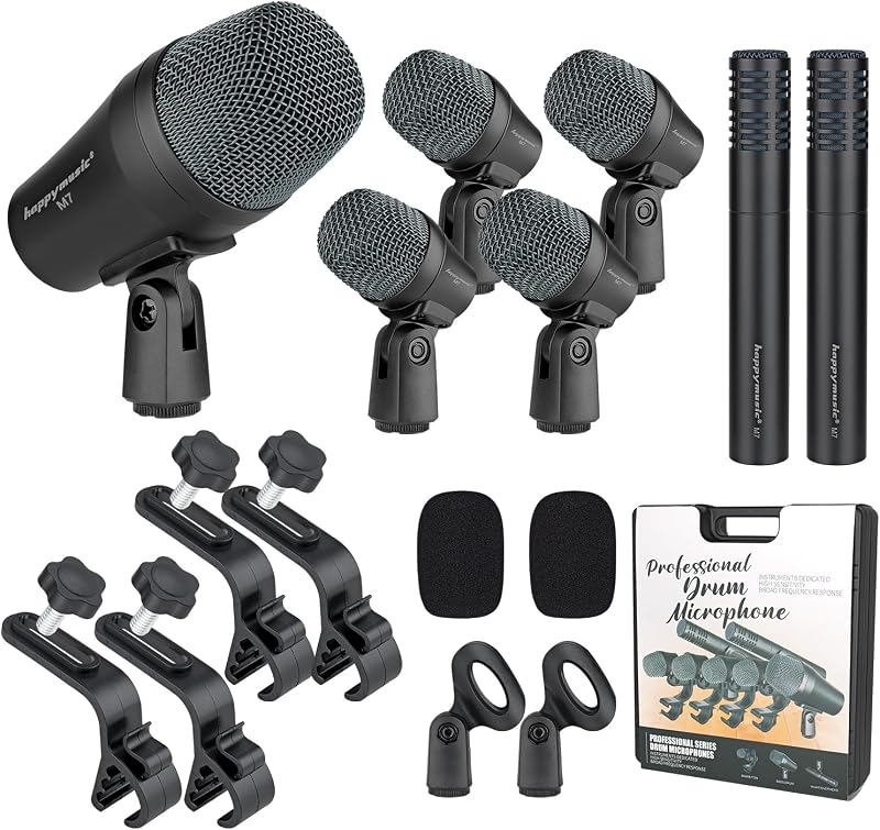happymusic M7 Wired Drum Microphone Kit,7-Piece Full Metal Dynamic Mic-Kick Bass Snare and Cymbals,Use for Drums Vocal Other Instrument Complete with Thread Clip Inserts Mics Holders,Carrying Case