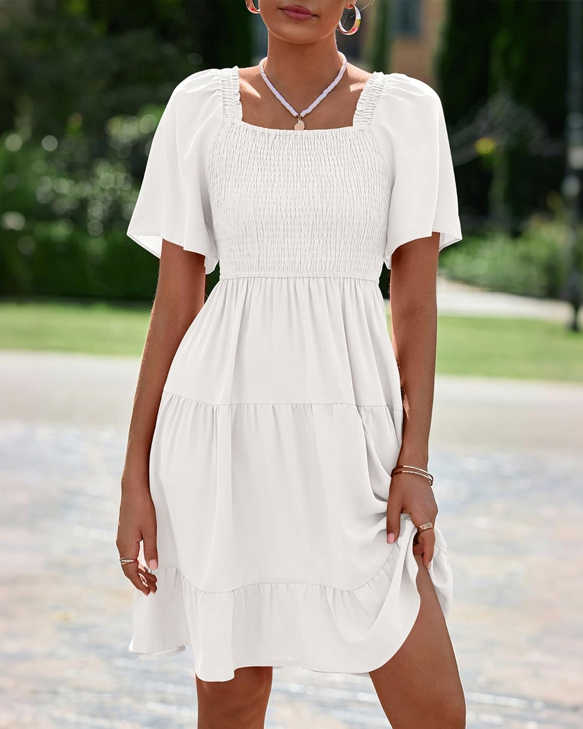 BTFBM Womens Summer Smocked Mini Dress Spring Square Neck Flutter Sleeve Casual Ruffle Swing Boho Beach Dresses Pockets - Image 7