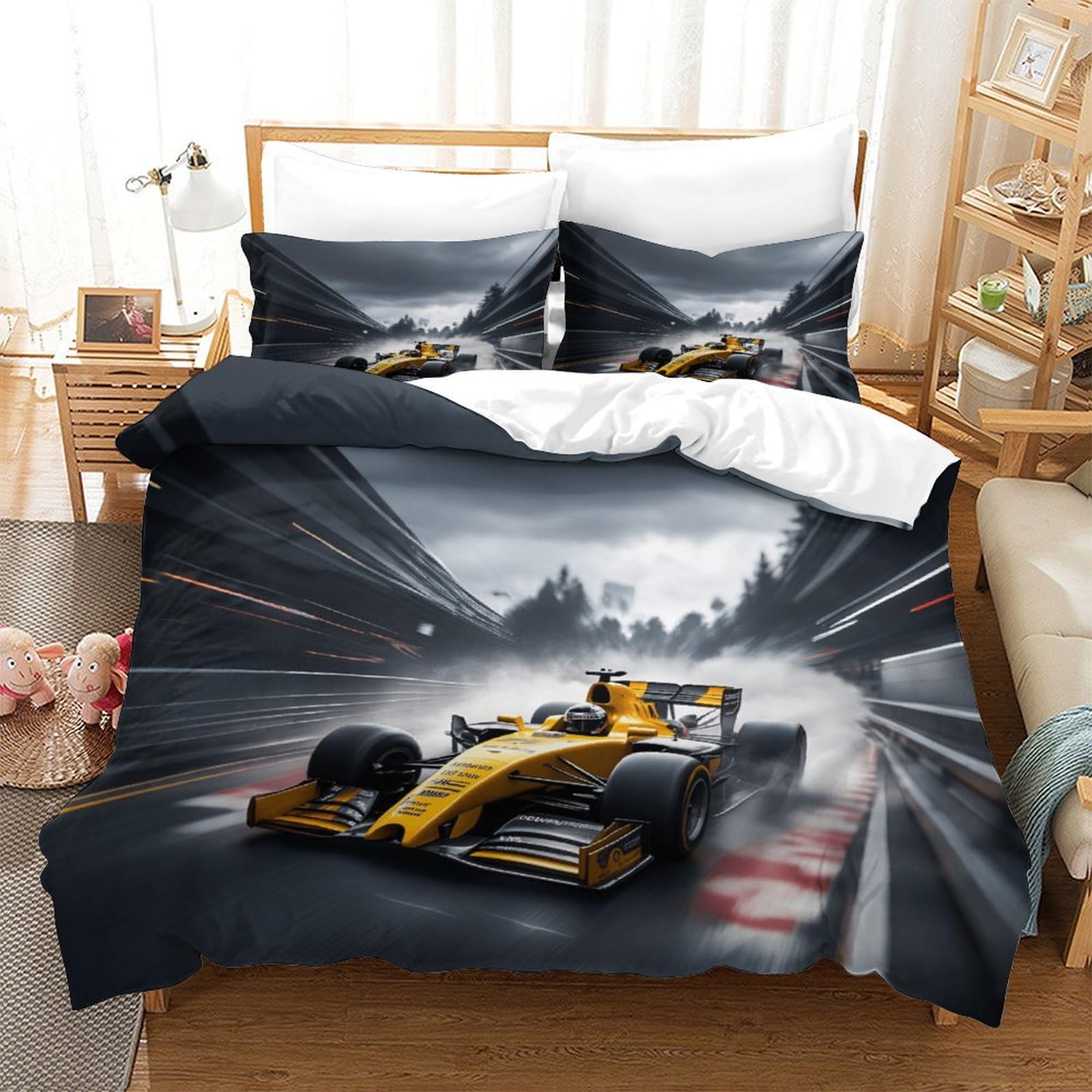 LILIlaobiao Grand Prix Racing Breathable Bedding Set Hidden Zipper Formula racing Duvet Cover Set with Pillowcases Quilt Cover Set Soft Microfiber 3D Printing Comforter Cover Double（200x200cm）