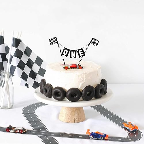 Miniatura 3 de Decoración para pastel de bandera de carreras, decoración de primer cumpleaños de coche de carreras, cumpleaños temático de carreras. Suministros