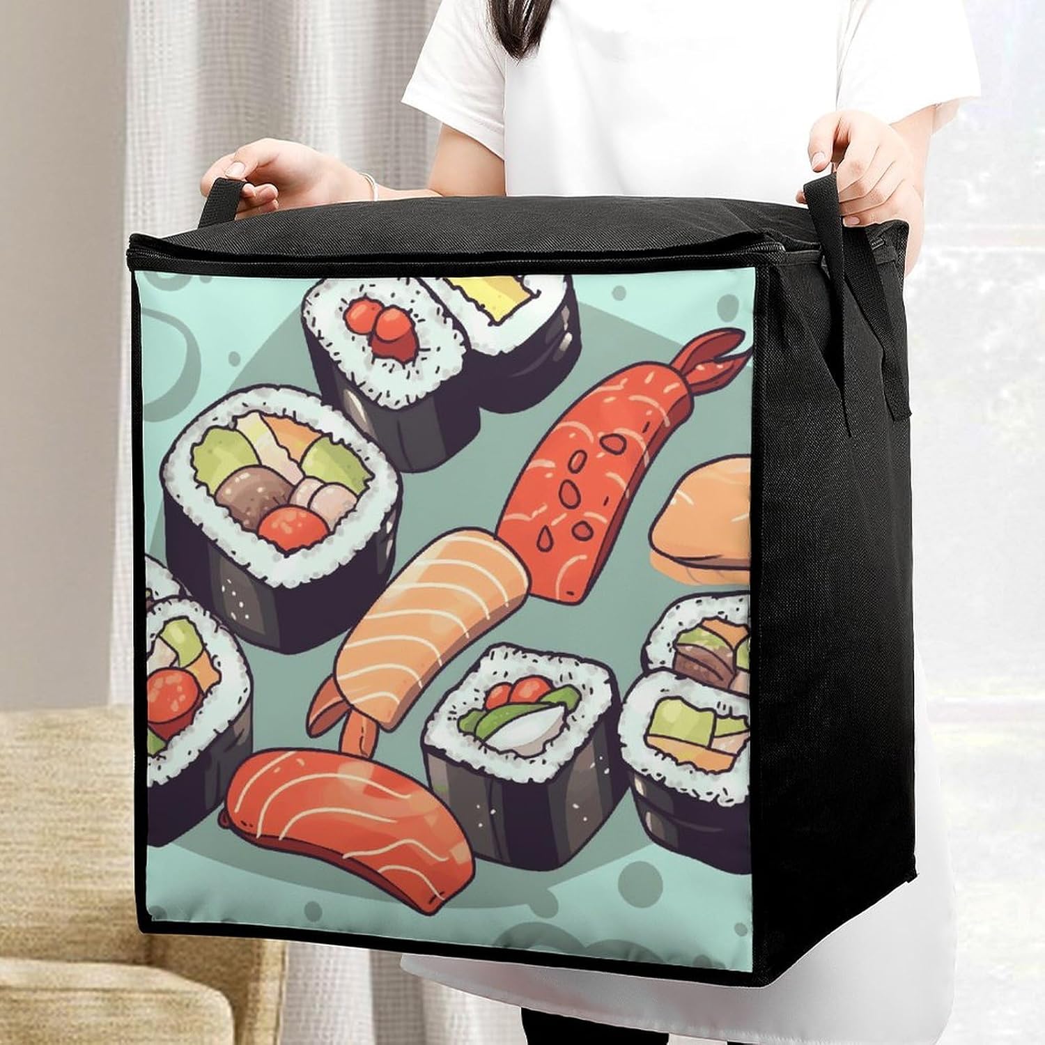 Sushi Storage Bag with Zippers And Handle Extra Large Bedding Comforter Storage Bag Foldable Blanket Storage Bags Fabric Moving Bags for Closet Organizer (70L)