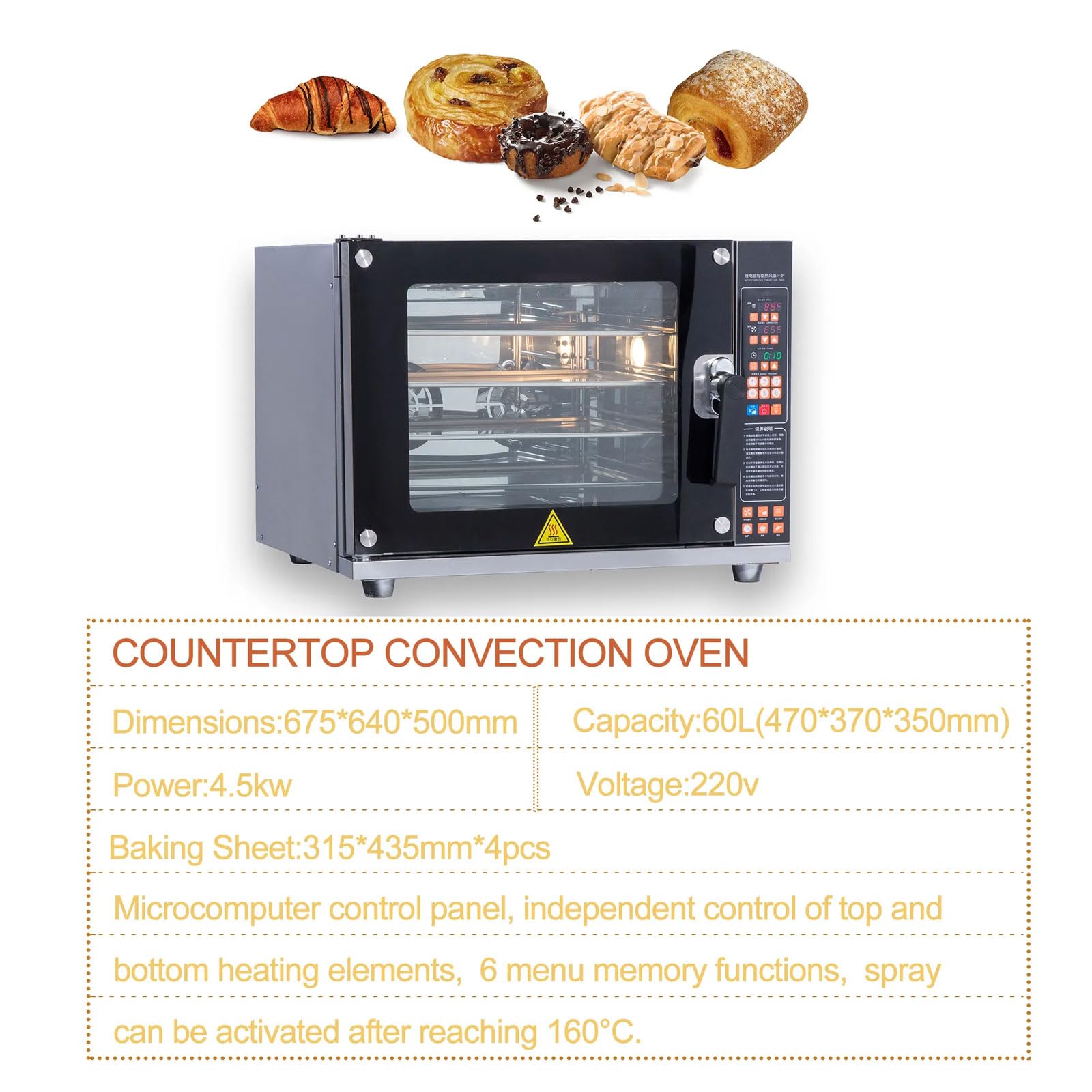 Forno a Convezione da Banco da 60 Litri, Forno Elettrico Commerciale a 4 Livelli da 4500 W con Controllo della Temperatura da 0 a 350 ℃, Pannello di Controllo Intelligente, per Pane, Anatra Arrosto