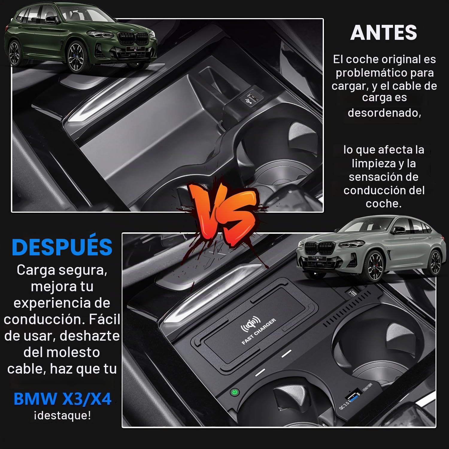 Cargador Inalámbrico Coche para BMW X3/X3M G01 2018-2023 BMW X4/X4M G02 2019-2023, Carga Rápida Teléfono Cargador para BMW X3 sDrive30i/X3 xDrive30i/X3 M40i/X4 xDrive30i/X4 M40i Accesorios