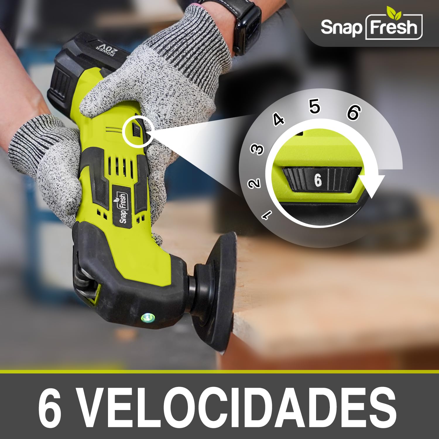 SnapFresh Herramienta oscilante inalámbrica, multiherramienta de 20 V con 6 velocidades, ángulo de oscilación de 3,2°, 22 accesorios, batería de 2,0 Ah y cargador rápido, kit de herramientas para
