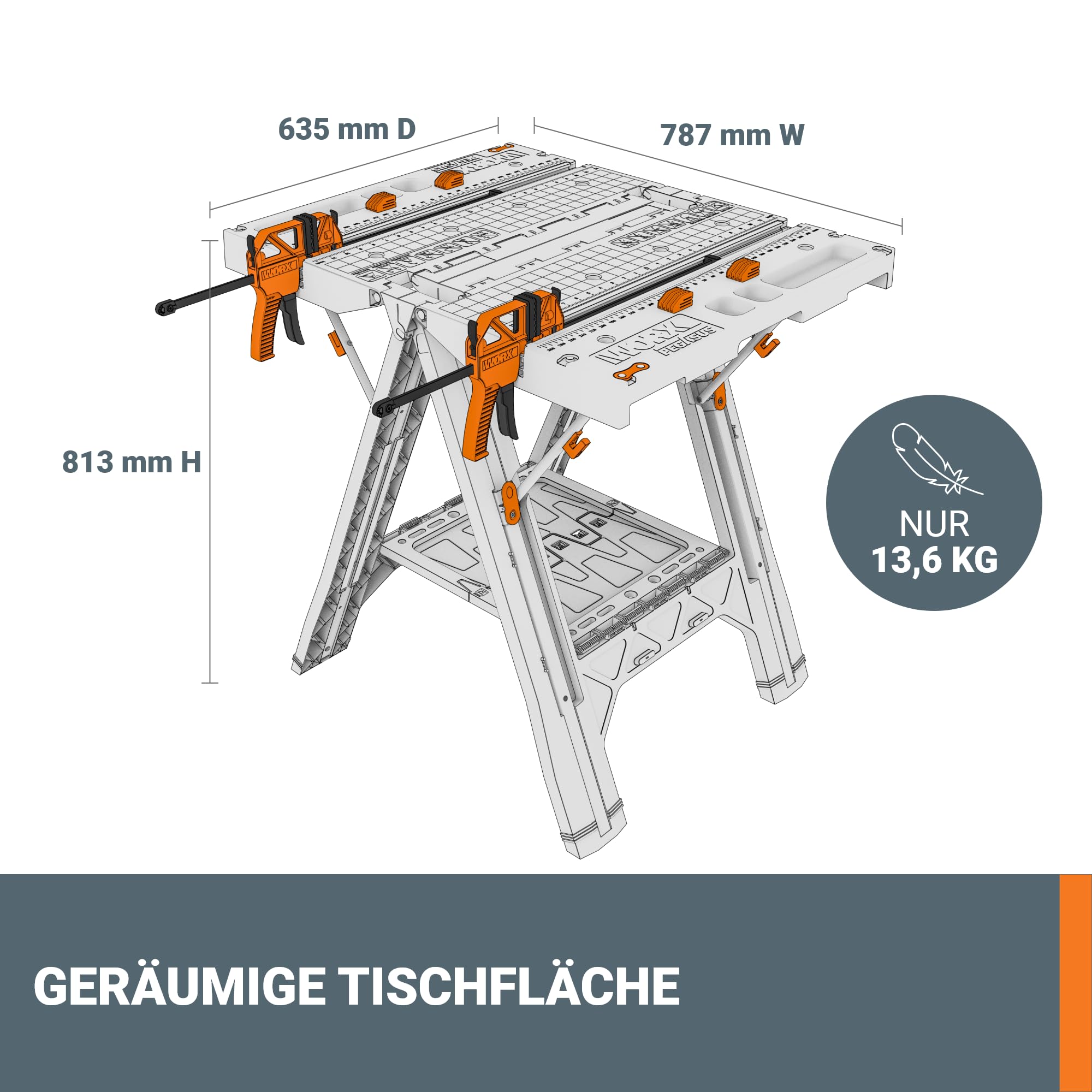 WORX PEGASUS WX051 mobile multifunktionale Werkbank - hochwertiger Arbeitstisch klappbar für die Werkstatt, max. Belastung 450kg – inkl. Schnellklemmvorrichtung – hohe Stabilität & große Arbeitsfläche