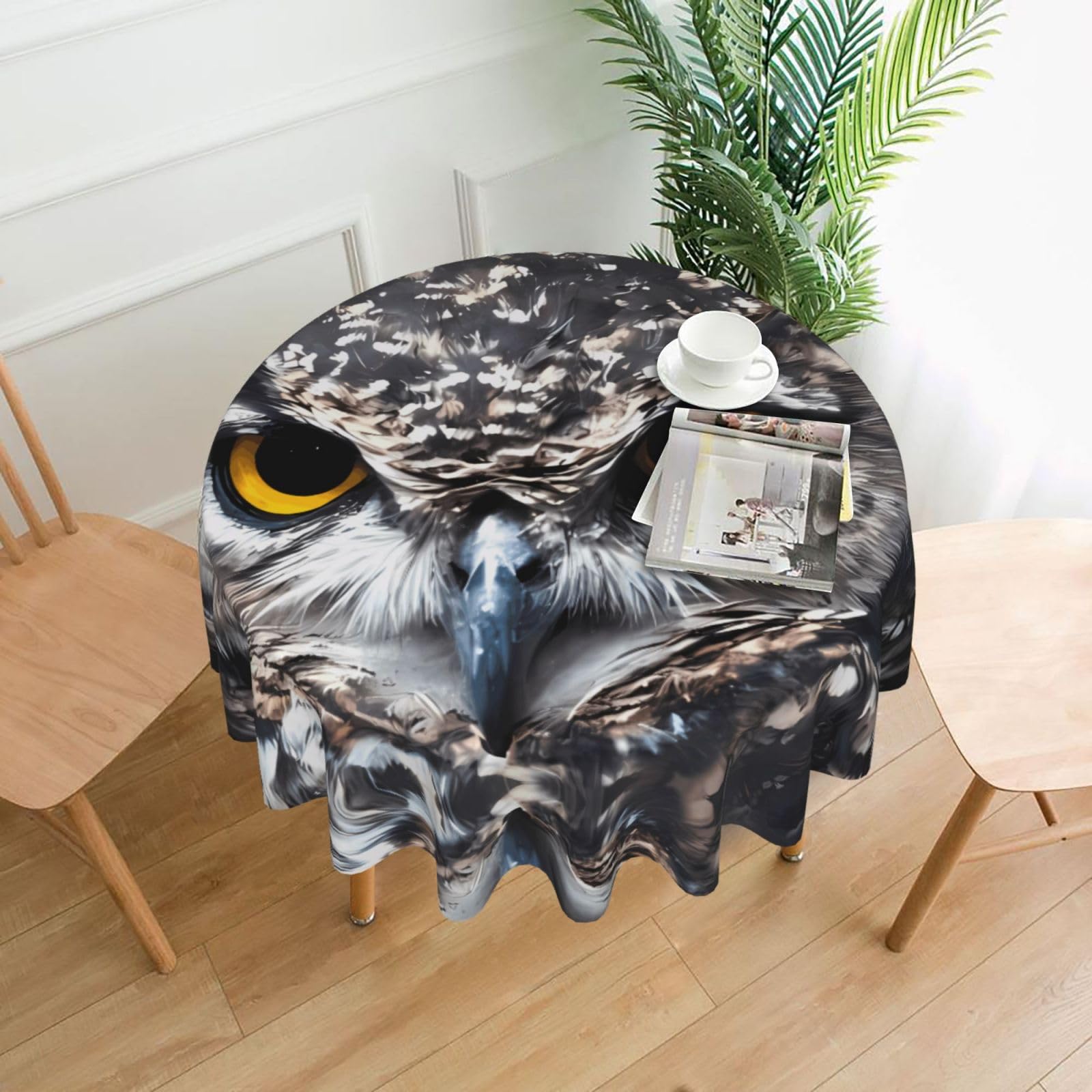 ZHAOUR Yellow Eyed Owl Print Round Washable Tablecloth – Table Cover