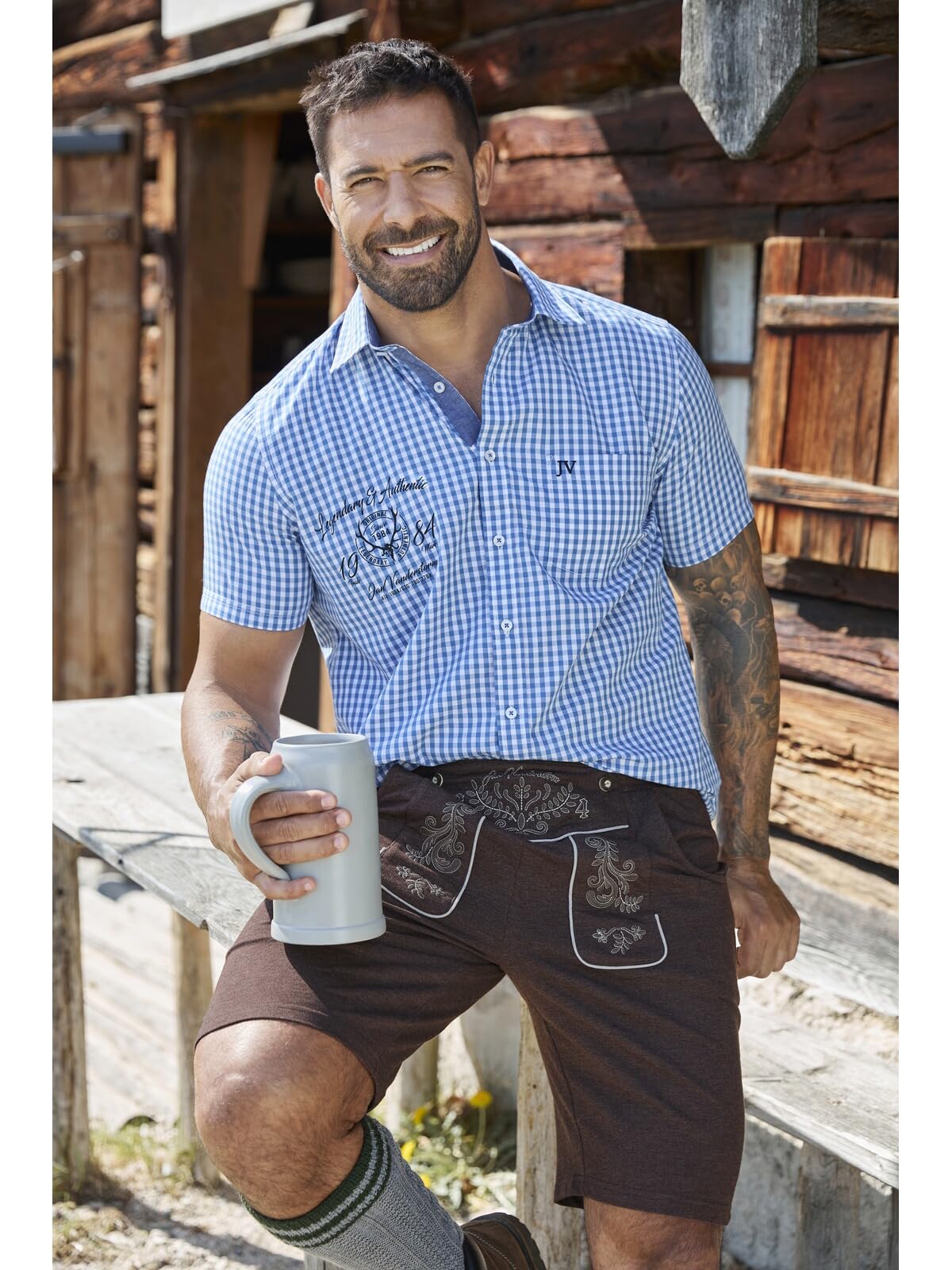 Jan Vanderstorm Herren Sweatbermuda Dennik | Trachtenhose | Lederhose-Look | Oktoberfest