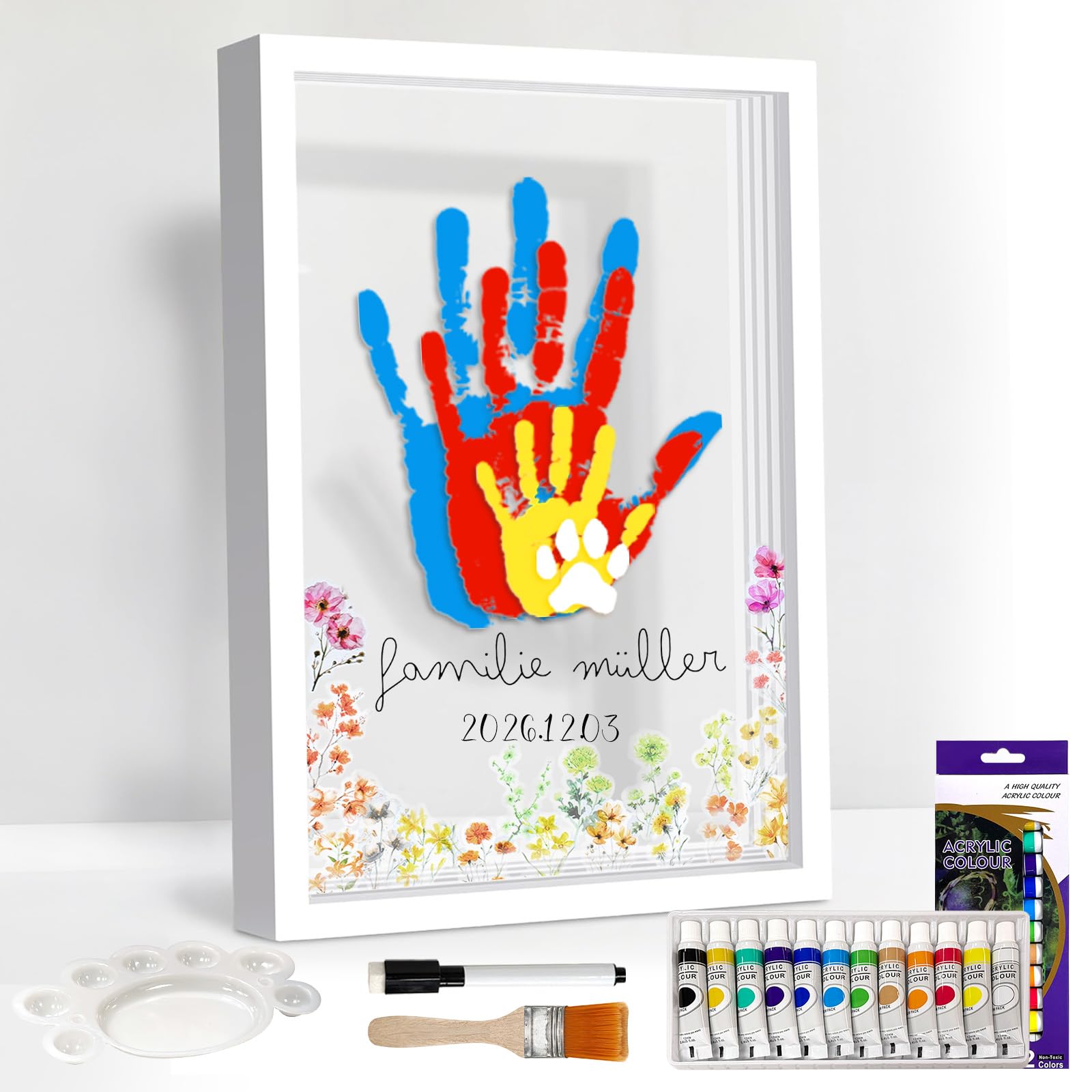 GUDELAK Handabdruck Set Familie für 4 Personen mit 12 Acrylfarbe, DIY Baby Handabdruck und Fußabdruck Set mit Sticker Blumen, Geschenke für Werdende Väter Mütter Baby Shower Taufe