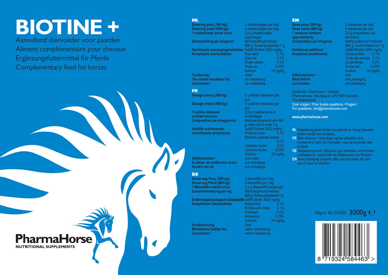 PharmaHorse Biotine+ | Biotine Cheval | Croissance cellulaire Cheval | Peau & Fonctions nerveuses | Métabolisme énergétique | Pas de sucres ajoutés | 3000 grammes