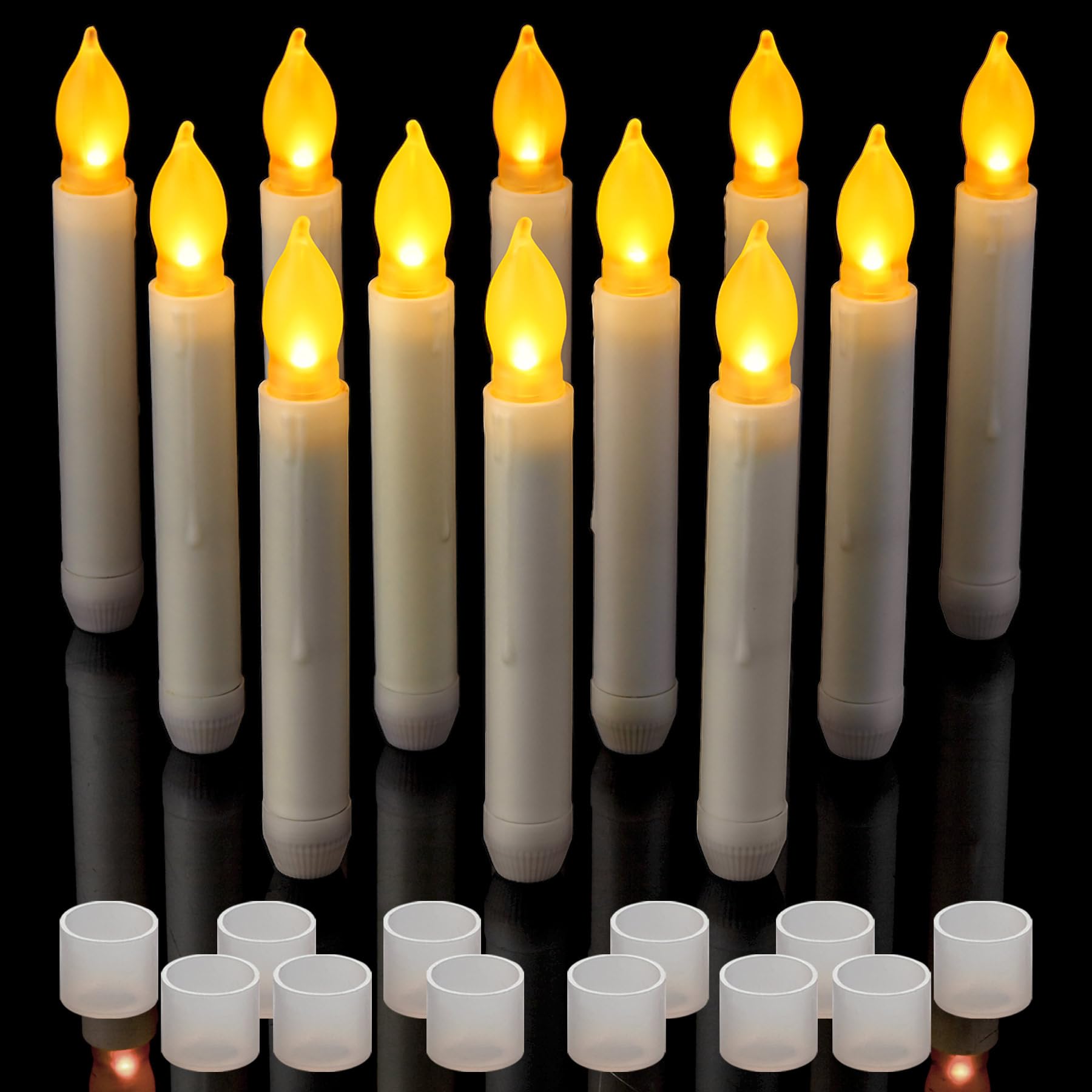 Yakpo 12 Pack Halloween Flameless Flickering LED Taper Candles Battery Operated, Flicker Electric Hanging Floating Fake Candle Bulk for Window Candelabra Chandelie Holder Christmas Table Decorations — image 1
