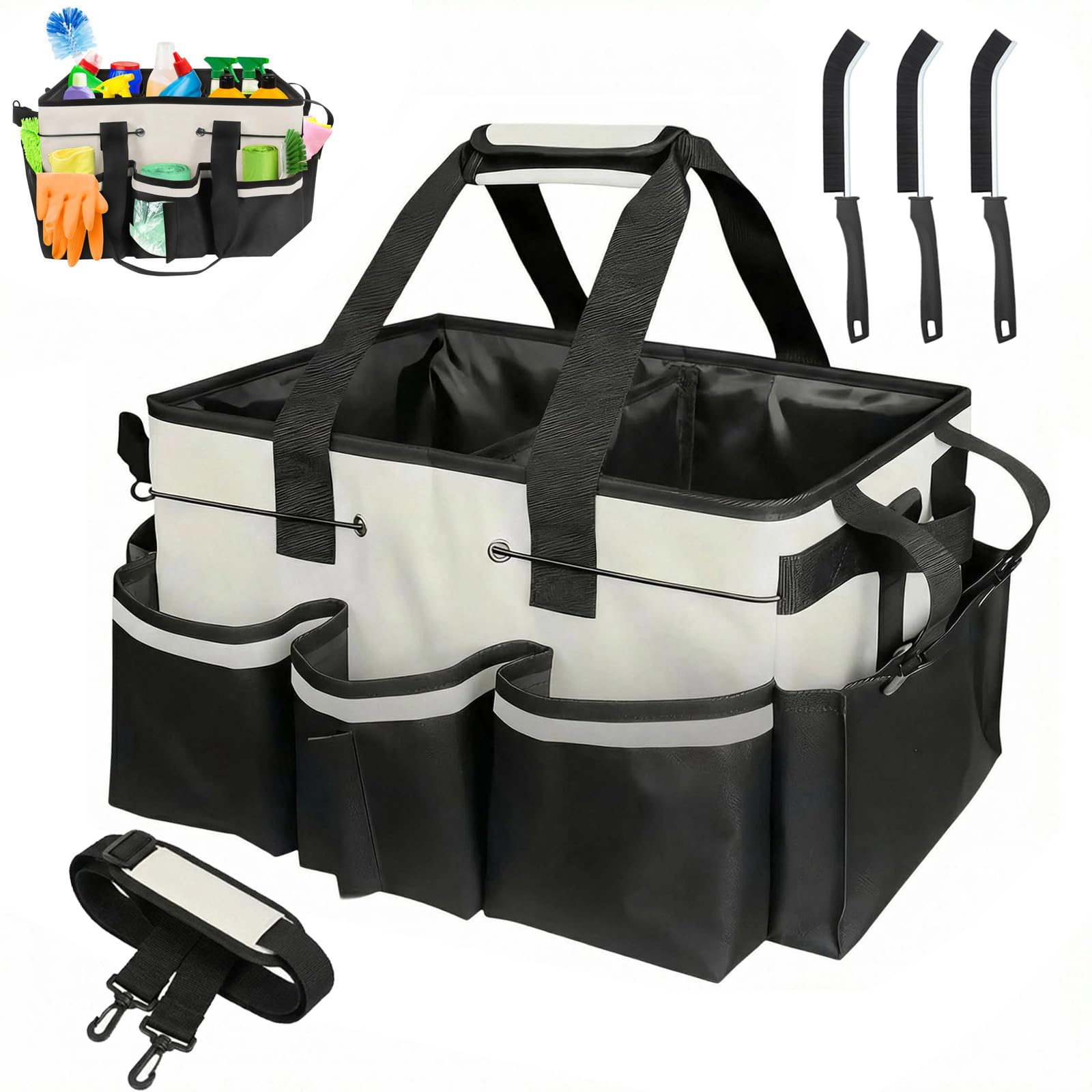 Professional Cleaning Caddy with Handle & 3 Cleaning Brushes, Large Multi-Compartment Cleaning Caddy Bag with Removable Dividers & Shoulder Strap for Housekeepers, Janitors, Commercial Cleaning