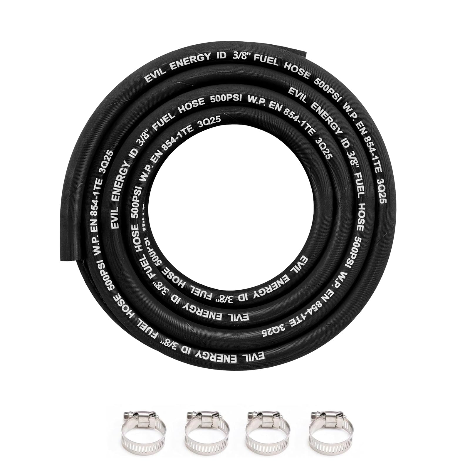 EVIL ENERGY 3/8" High Pressure Fuel Line Hose 15FT 500PSI E85 for Fuel Systems Engines NBR Rubber EN854-1TE Black