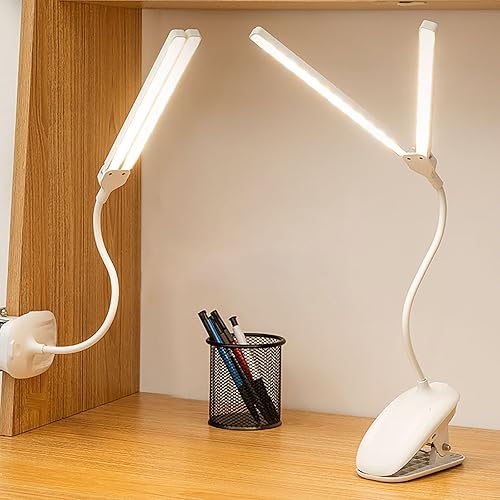 Miniatura 8 de Lámpara de escritorio LED de doble cabeza con abrazadera, luces de clip para oficina en casa, lámparas de mesa recargables de 3800 mAh, 3 modos de