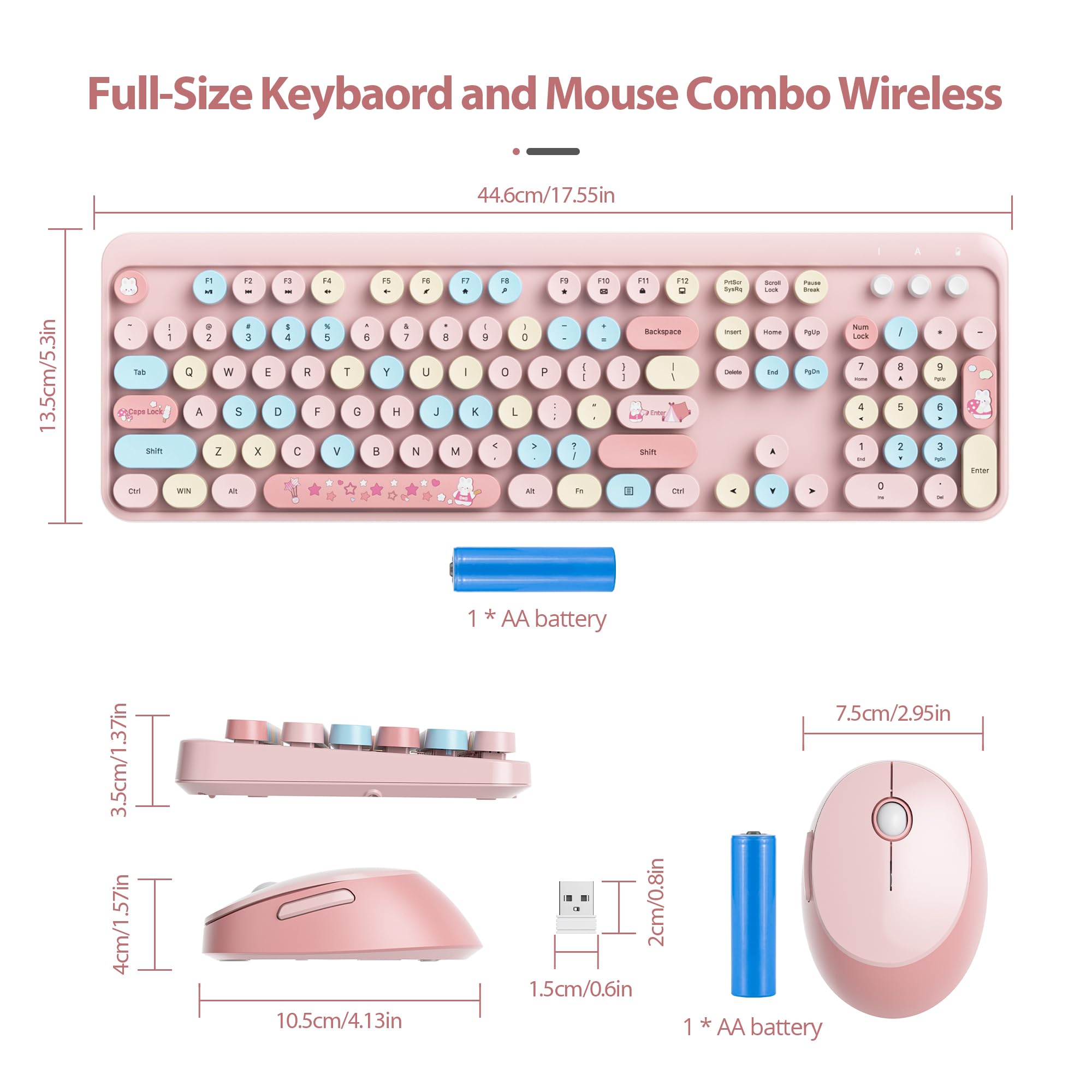 SOLIDEE Combo Tastiera e Mouse Wireless,tastiera macchina da scrivere retro,Tastiera per Computer con Tasti Rotondi 2.4GHz con Tastierino Numerico,Tastiera a 104 Tasti(Americana QWERTY)(Mixed Pink)