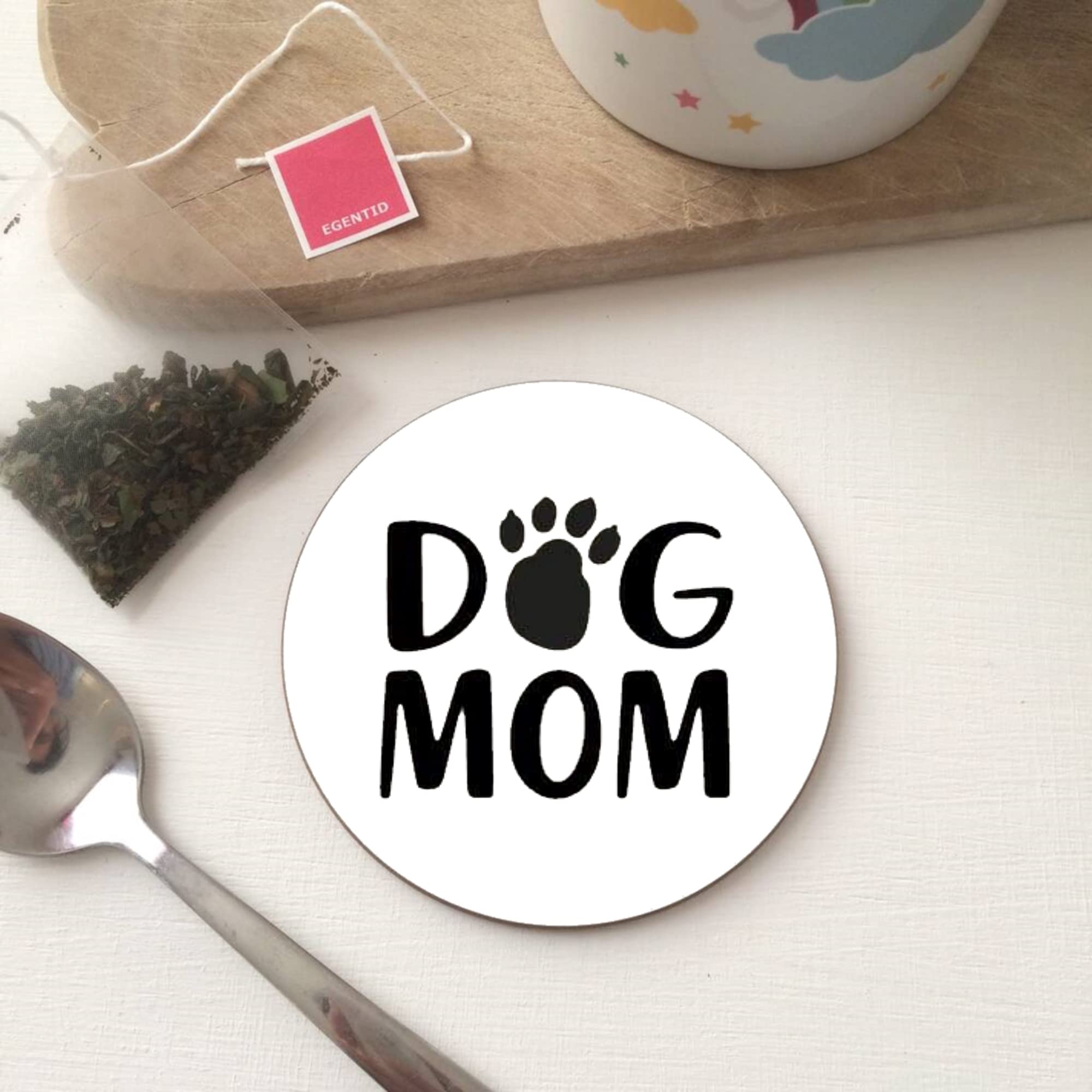 BigBazza Round Circle Wood Gift Coaster Coffee Tea Office Kitchen Novelty Cup Work Mug - Dog Mom Mum Pet Puppy Paw