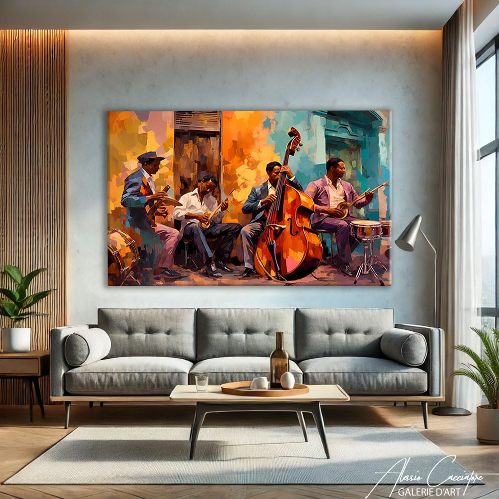 Cuadro musical Jazz – Lienzo de pared musical – Decoración para dormitorio adulto Cocooning mural – Mural – Deco mural de música – Cuadro Jazzmann – Idee regalo para mujer decoración (120 x 80 cm)