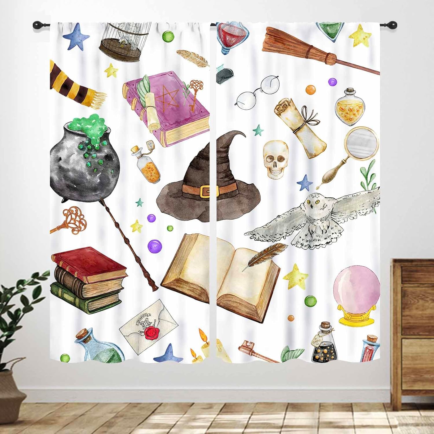 Witchy Magic Curtains,Gothic Magical Vintage Castle Bookshelf Wizard Owl Boys Girls Teen Bedroom Living Room Bathroom Window Treatments Halloween Decor Drapery 2 Panels,84X63 Inch