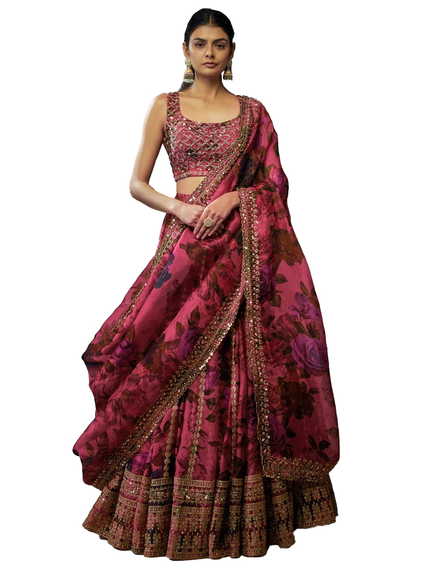 Pink Organza Zari Sequence Embroidery Work Semi-Sttiched Lehenga Choli Set For Women